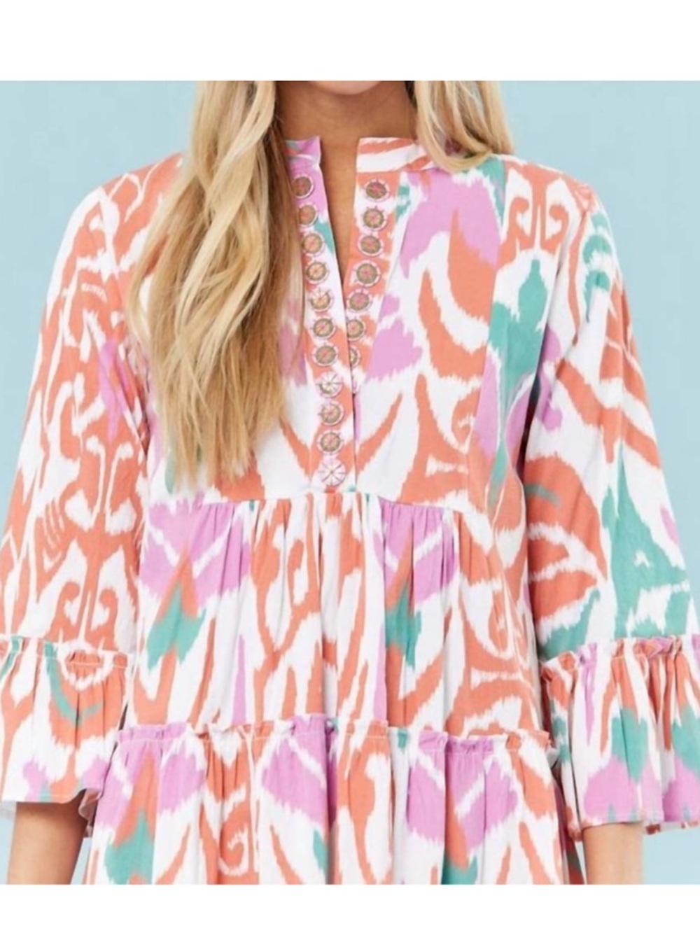 Sheridan French Colorful Ikat Tiered Shift Dress - Coral, Pink & Teal XL - Picture 6 of 7